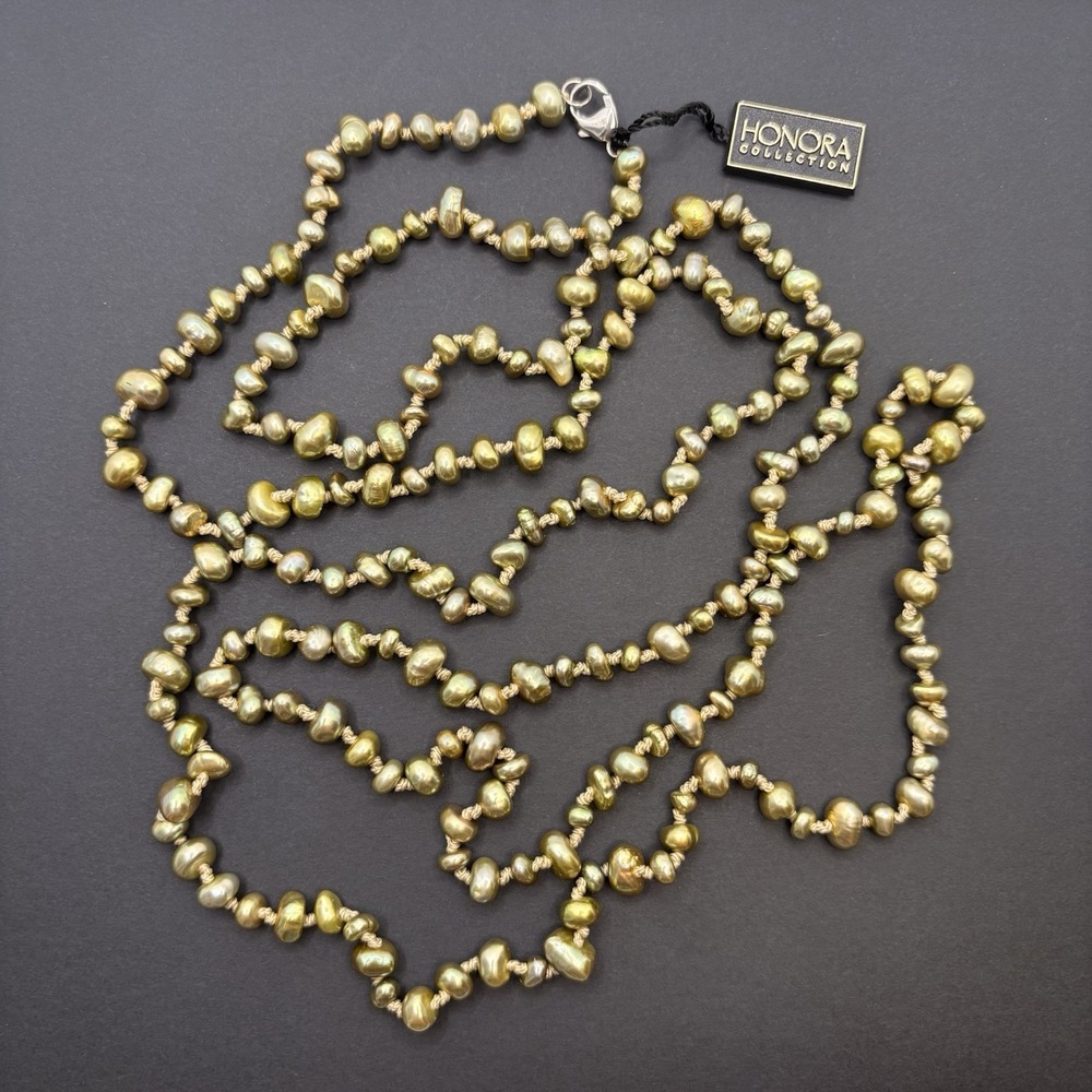 Honora Green Freshwater Pearl Long Necklace 925 Sterling Silver 59" w/ Box Pouch